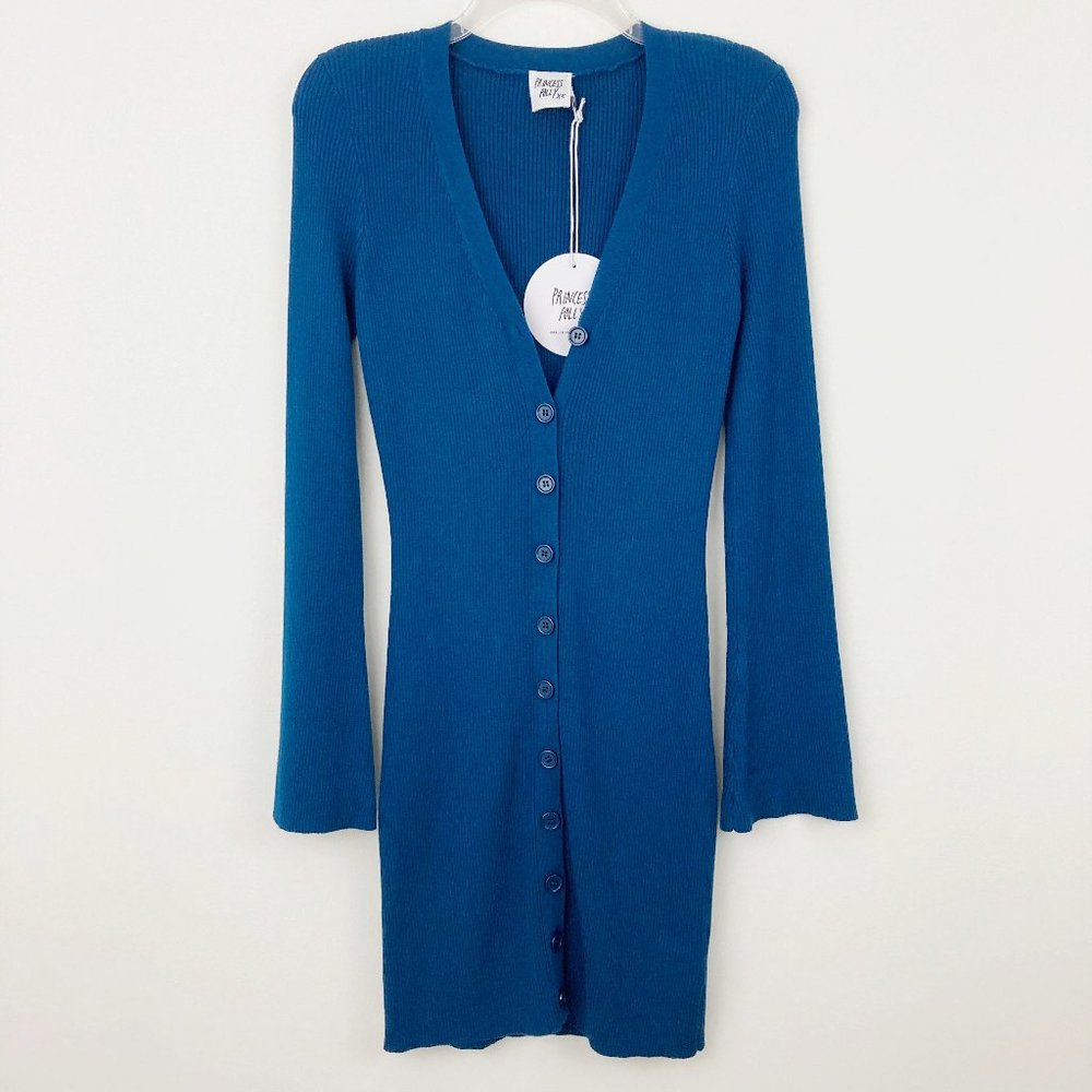 NWT Princess Polly Isadora Mini Dress Navy Blue Size L/XL Long Sleeve Ribbed - Picture 2 of 9